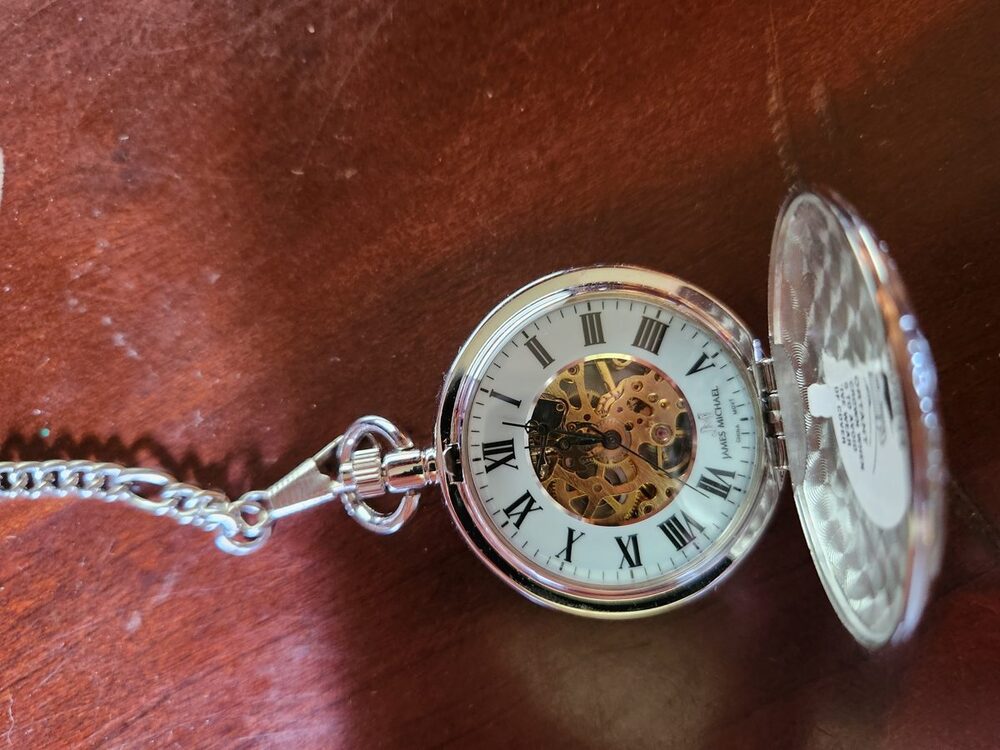 James Michael Skeleton Pocket Watch Silver Tone Open Face Quartz